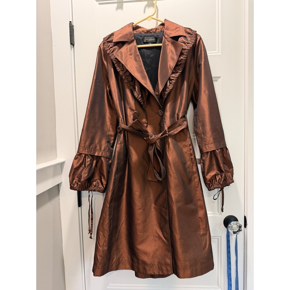 St. John Couture Copper Bronze‎ Iridescent Ruffle Trench Coat Size 10 Statement
